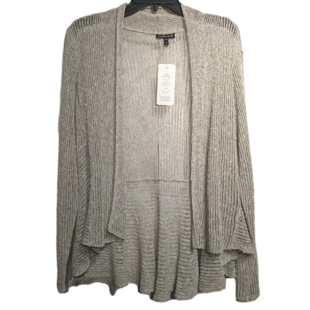 Eileen Fisher Sweater Cardigan Womens M Beige Linen Blend Open Flutter Knit NWT